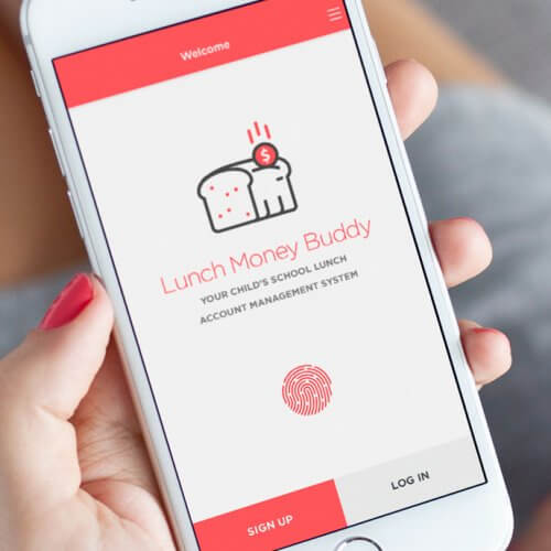 woman holding iPhone with Lunch Money Buddy app welcome screen displayed